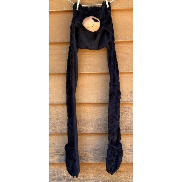Kids Black Bear Hat With Attached Mittens Plush Fleece Animal Design Warm Winter - Picture 4 of 12